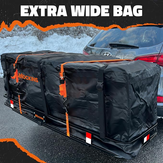 Mockins 40 Cu Ft XXL Hitch Cargo Carrier Bag Extra Wide 84"x24"x34" | 7 Ft Waterproof Trailer Hitch Storage & Truck Bed Cargo Bag | Heavy Duty Vehicle Soft-Shell Carriers w/ Lock, Straps & Case