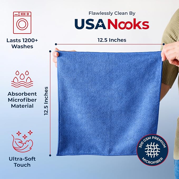 USANOOKS Premium 300GSM Microfiber Cleaning Cloth - 12.5"x12.5" High Performance - 1200 Washes, Ultra Absorbent Microfiber Towels for Cars Undercarriage, Rims & Engine Bay Cleaning - Microfiber Cloth