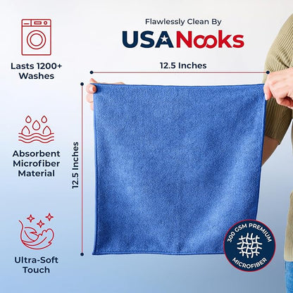 USANOOKS Premium 300GSM Microfiber Cleaning Cloth - 12.5"x12.5" High Performance - 1200 Washes, Ultra Absorbent Microfiber Towels for Cars Undercarriage, Rims & Engine Bay Cleaning - Microfiber Cloth