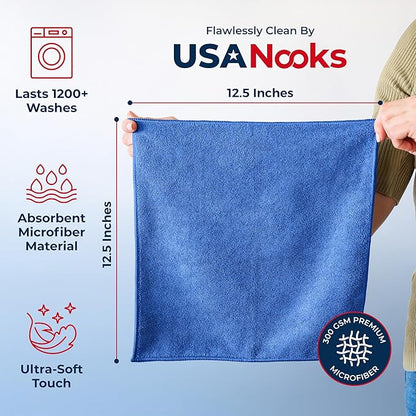 USANOOKS Premium 300GSM Microfiber Cleaning Cloth - 12.5"x12.5" High Performance - 1200 Washes, Ultra Absorbent Microfiber Towels for Cars Undercarriage, Rims & Engine Bay Cleaning - Microfiber Cloth