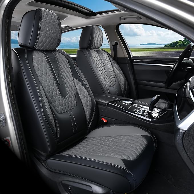 Coverado Car Seat Covers Full Set, Nappa Leather Seat Covers for Car, Waterproof Car Seat Protector with Lumbar Support, Automotive Seat Covers Universal Fit for Most Cars SUV Trucks (Black&Gray)