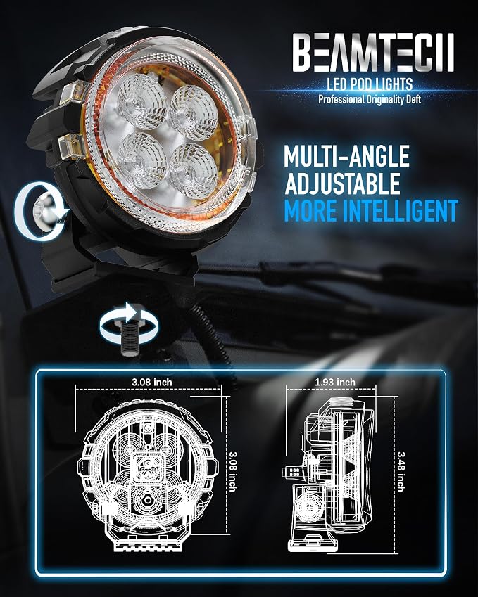 BEAMTECH 3" LED Pods, White Flood Beam Off Road Ditch Lights with Amber DRL | 2PCS Round 60W 6000LM Pod Light for Truck UTV ATV Motorcycle – Fog/Reverse/Backup Lights