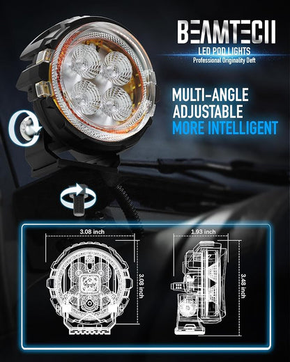 BEAMTECH 3" LED Pods, White Flood Beam Off Road Ditch Lights with Amber DRL | 2PCS Round 60W 6000LM Pod Light for Truck UTV ATV Motorcycle – Fog/Reverse/Backup Lights