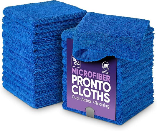 Microfiber Wholesale Pronto Cloths, Dual-Sided Microfiber Cleaning Towels, Soft Plush & Scrub Cloths for Dusting, Scrubbing, Kitchen, Windows & Car Detailing, Absorbent Bulk 25-Pack Blue