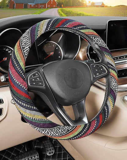 SEG Direct Boho Steering Wheel Cover with Baja Blanket Cloth, Ethnic Style Auto Wheel Cover Made of Coarse Flax, Fits 14 1/2-15 1/4 inches Car Wheel