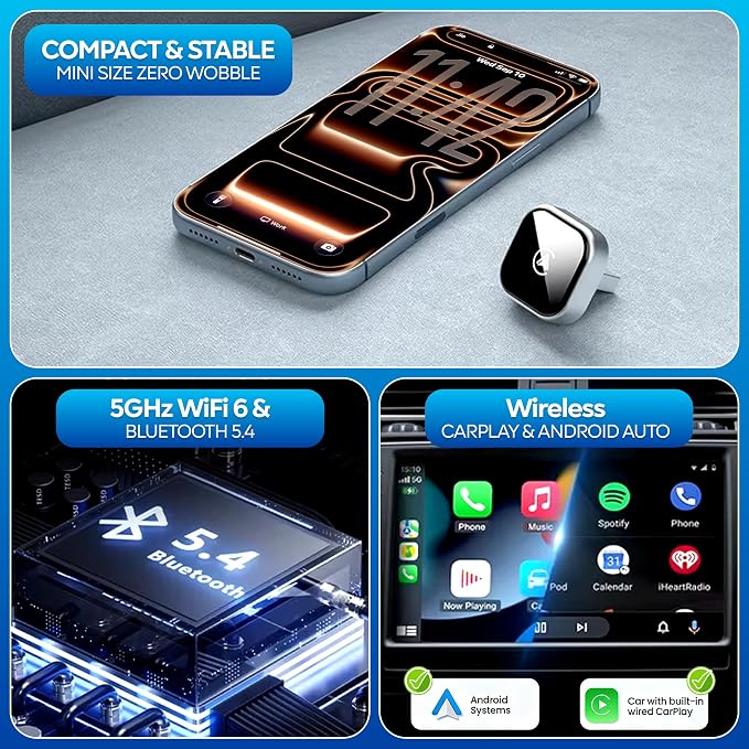 Wireless Apple CarPlay Adapter - Upgraded 2026 Android Auto Adapter Having (2.4GHz+5.8GHz) Connection - Supports Both iPhone (iOS 10+) Android (11+), 2-in-1 Wired to Wireless Plug and Play