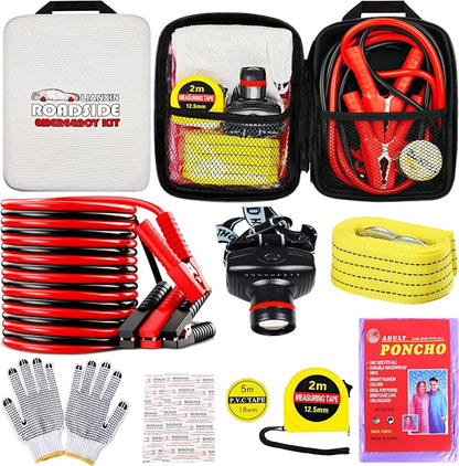 LIANXIN Emergency Car Kit with Jumper Cables Headlamp Car Safety Kits Pale | Roadside Car Emergency Kit Tow Straps, Tape Measure, Rainwear, Multi-tool Kit, Breakdowns Gifts for New Drivers