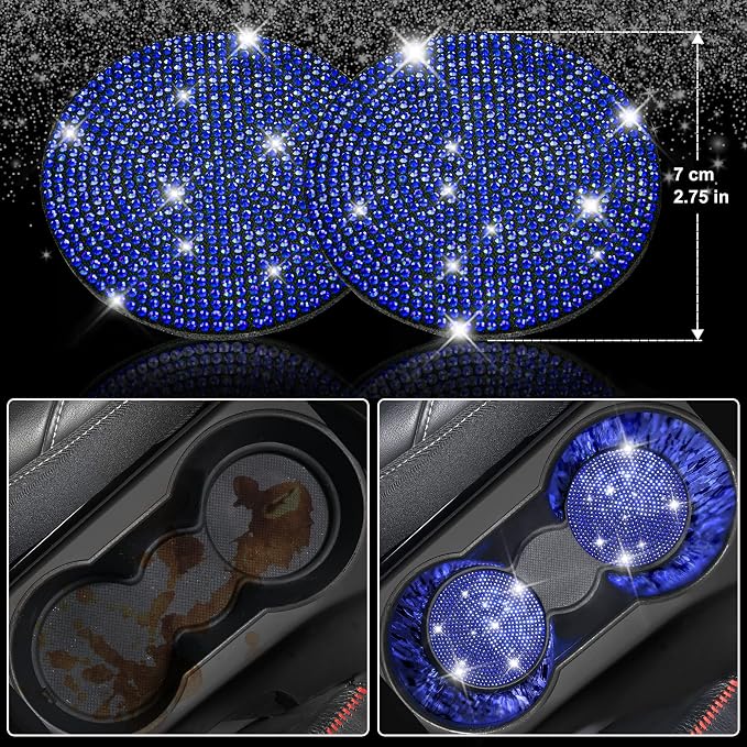 CAR PASS 11 PCS Bling Diamond Car Accessories for Women, Sparkly Rhinestone Steering Wheel Cover, Bling Seat Belt Cushion, Glitter Shift Knob Cover, Car Cup Holder Coaster, Cute Interior Sets Blue