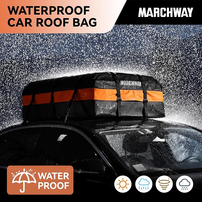 MARCHWAY Waterproof Car Roof Luggage Bag, Weatherproof Soft Shell Rooftop Cargo Carrier Bag for Vehicles with or Without Rack. 6 Door Hooks, Anti Slip Mat, Lock Included (15 Cubic Feet, Orange)