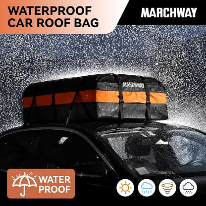 MARCHWAY Waterproof Car Roof Luggage Bag, Weatherproof Soft Shell Rooftop Cargo Carrier Bag for Vehicles with or Without Rack. 6 Door Hooks, Anti Slip Mat, Lock Included (15 Cubic Feet, Orange)