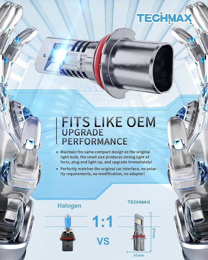 TECHMAX 9007 Light Bulbs, 9007 Fog Light Bulb w/Fan 30000lm 600% Bright 6500K Wireless Compatible with Ram 1500/2500/3500 F150/F250/F350 Ranger SX4 Impreza Direct Insertion Plug and Play, Pack of 2