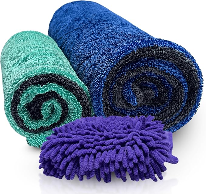 Polish Pro Microfiber Car Drying Towel, Set of 3pcs: X-Large 35"x 24" + Small 16"x16" + Free Wash Mitt, Ultra Absorbent, Microfiber Drying Towel for Cars. 1400GSM.