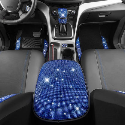 CAR PASS Bling Diamond Car Seat Covers Blue Rhinestone Black Leather Shining Car Floor Mats Carpet with Anti-Slip Nibs Shining Car Accessories Sets Glitter Sparkly Crystal Universal Fit for Girl Women