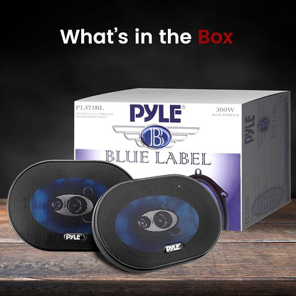 Pyle 5"x7"/6"x8" 3-Way Triaxial Car Speaker Pair – 300W Max/150W RMS, Blue Poly Injection Cone, Butyl Rubber Surround, 1" ASV Voice Coil, 4 Ohm, 80Hz-20kHz - PL573BL