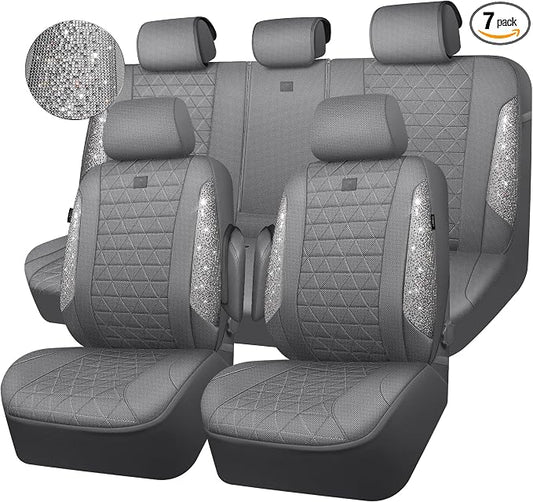 CAR PASS Gray Oxford Bling Diamond Car Seat Covers Full Set Interior Sets, Waterproof Shining Glitter Sparkly Crystal Universal Armrest Fit 95% Automotive Truck SUV Cute Women Girl, Gray Rhinestone