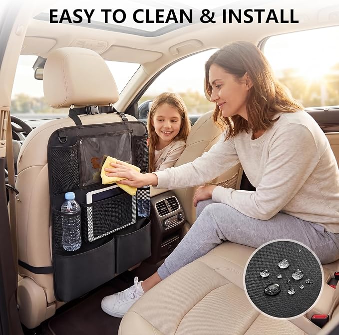 Backseat Car Organizer, backseat car organizer with 9 Pockets & Tablet Holder, Kick Mats for Car Seat Storage and Organization, 2 Pack, Black—Perfect for Travel.