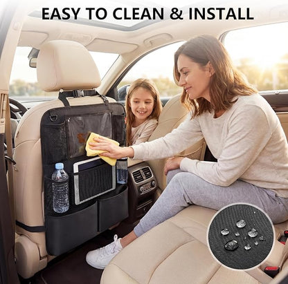 Backseat Car Organizer, backseat car organizer with 9 Pockets & Tablet Holder, Kick Mats for Car Seat Storage and Organization, 2 Pack, Black—Perfect for Travel.