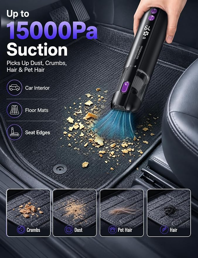 Handheld Car Vacuum Cleaner 15000Pa, Portable Cordless Mini Vacuum Blower 3 in 1, LED Display, Type C Rechargeable, Small Vacuum for Car Interior, Home, Desk Cleaning (Matte Black)