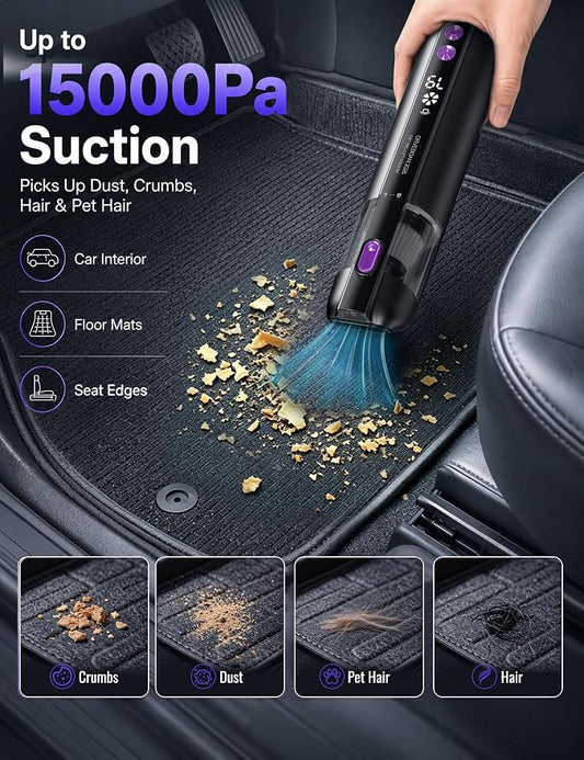 Handheld Car Vacuum Cleaner 15000Pa, Portable Cordless Mini Vacuum Blower 3 in 1, LED Display, Type C Rechargeable, Small Vacuum for Car Interior, Home, Desk Cleaning (Matte Black)