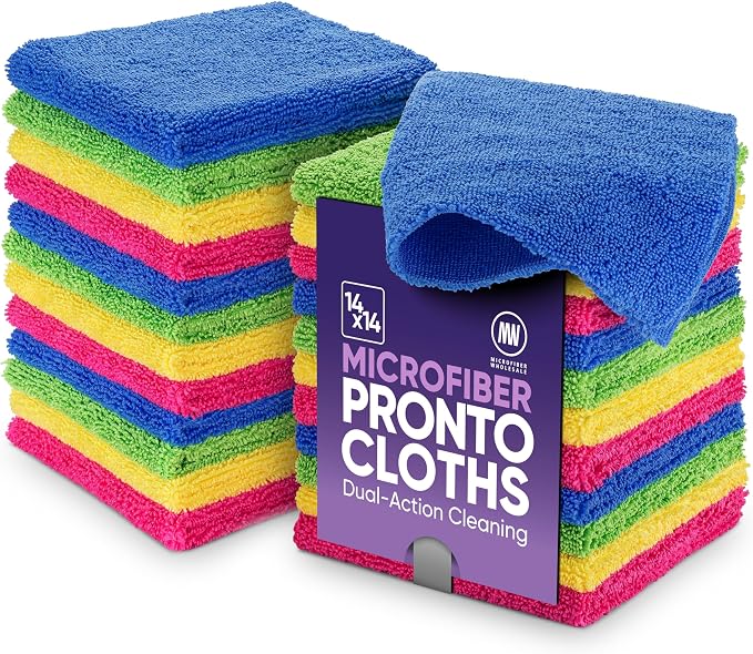 Microfiber Wholesale Pronto Cloths, Dual-Sided Microfiber Cleaning Towels, Soft Plush & Scrub Cloths for Dusting, Scrubbing, Kitchen, Windows & Car Detailing, Absorbent Bulk 25-Pack Multicolor