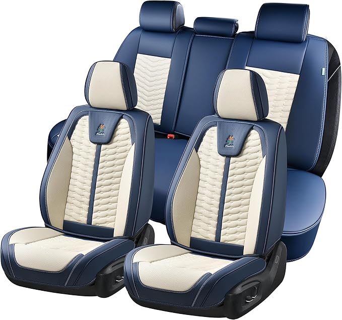 FLORICH Seat Covers for Cars, Seat Covers Full Set 5 Seats, Waterproof Leather Car Seat Covers, Front and Rear Seat Covers, Universal Seat Protector Accessories for Most Vehicles-Blue&White