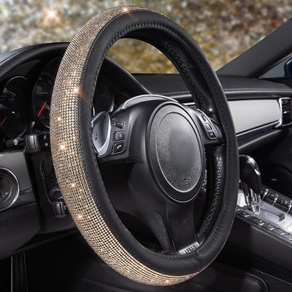 CAR PASS Bling Champagne Diamond Steering Wheel Cover, Black Leather Universal Fit 14.5-15inch Glitter Rhinestones for Women Sparkle Crystal Girly Shining for SUV,Vans,Sedan,Car,Truck, Black Champagne