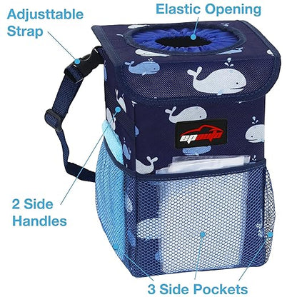 EPAuto Waterproof Car Trash Can with Lid and Storage Pockets, 1.8 Gallon, Blue