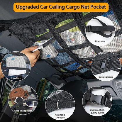 Car Ceiling Cargo Net with 3 Pockets,31.5"x21.6" Car Overhead Storage Mesh Organizer,Double Layer Roof Mesh Camping Overlanding Gear Must Haves Cargo Net,Road Trip Essentials (31.5"x 21.6")