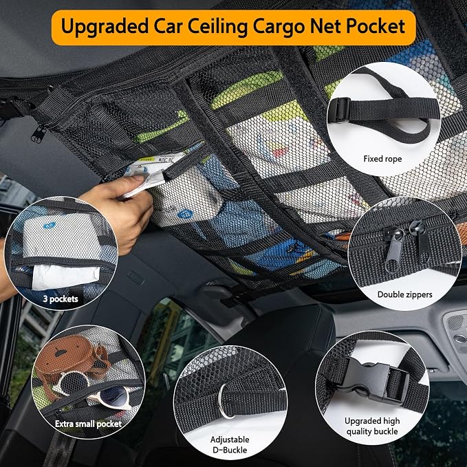 Car Ceiling Cargo Net with 3 Pockets,35.4"x23.6" Car Overhead Storage Mesh Organizer,Double Layer Roof Mesh Camping Overlanding Gear Must Haves Cargo Net,Road Trip Essentials (35.4"x 23.6")