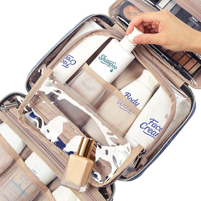 NISHEL Travel Toiletry Bag for women, Portable Hanging Organizer for Travel-Sized Shampoo, Conditioner, Brushes Set, Makeup Accessories, Medium Size, Aegean-Blue