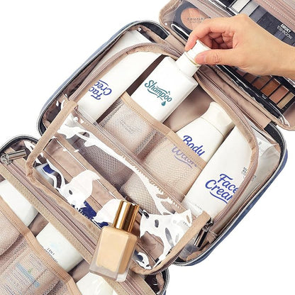 NISHEL Travel Toiletry Bag for women, Portable Hanging Organizer for Travel-Sized Shampoo, Conditioner, Brushes Set, Makeup Accessories, Medium Size, Aegean-Blue