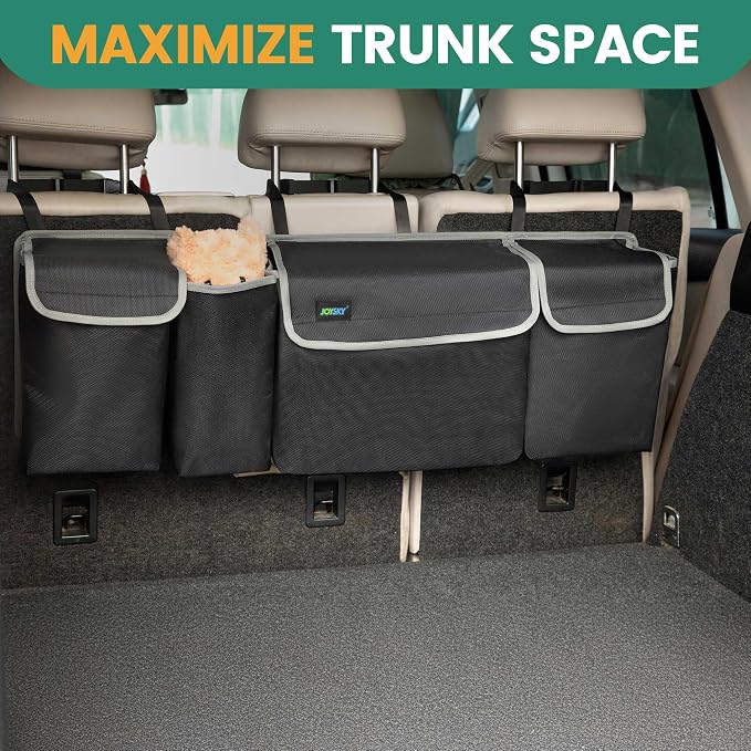 JOYSKY Hanging Trunk Organizer for SUV – Backseat Car Storage Bag, Large Collapsible Backseat Trunk Organizer with Adjustable Straps, Space Saving Car Organization Accessories for Truck MPV Van