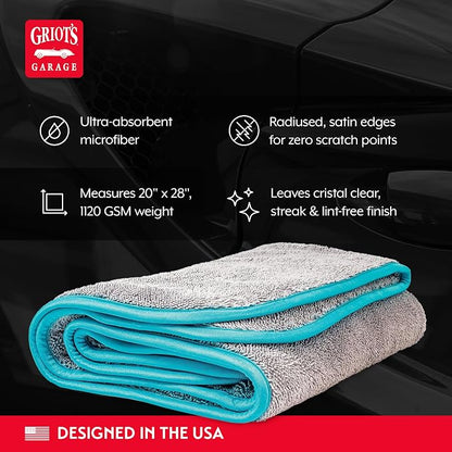 Griot's Garage PFM Microfiber Drying Towel for Car Wash and Auto Detailing, High Absorbency, Machine Washable, Small, 28"x 20", 55504