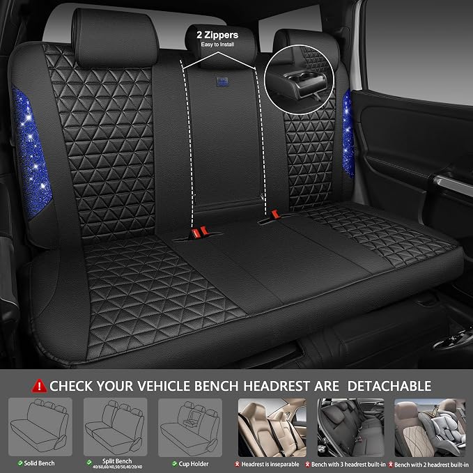 CAR PASS Bling Diamond Black Leather Car Seat Covers Full Set Interior Sets, Waterproof Shining Glitter Sparkly Crystal Universal Armrest Fit Automotive Truck SUV Cute Women Girl, Blue Rhinestone