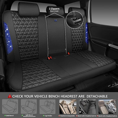 CAR PASS Bling Diamond Black Leather Car Seat Covers Full Set Interior Sets, Waterproof Shining Glitter Sparkly Crystal Universal Armrest Fit Automotive Truck SUV Cute Women Girl, Blue Rhinestone