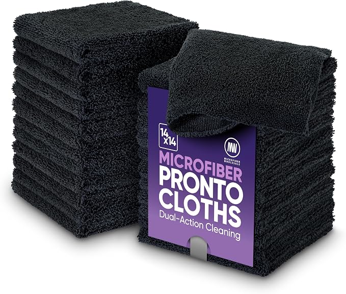 Microfiber Wholesale Pronto Cloths, Dual-Sided Microfiber Cleaning Towels, Soft Plush & Scrub Cloths for Dusting, Scrubbing, Kitchen, Windows & Car Detailing, Absorbent Bulk 25-Pack Black