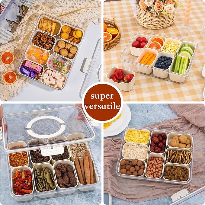 WACOI Divided Snack Serving Tray with Lid and Handle travel Snackle Box Charcuterie Container Portable Storage Organizer for Candy, Fruits, Nuts, Snacks 1Pack White