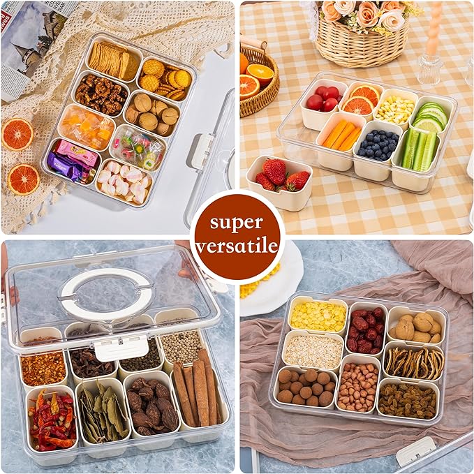 WACOI Divided Snack Serving Tray with Lid and Handle Travel Snackle Charcuterie Container Portable Storage Organizer for Candy, Fruits, Nuts, Snacks, Party, Picnic 2 Packs White
