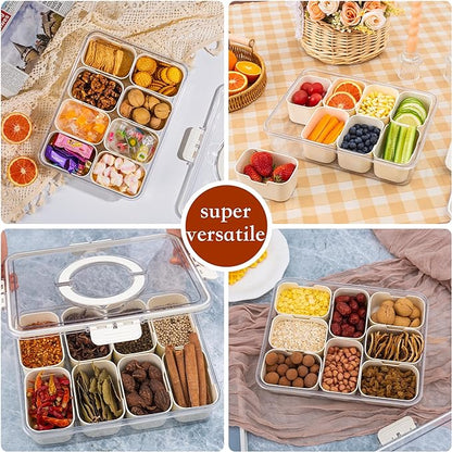 WACOI Divided Snack Serving Tray with Lid and Handle Travel Snackle Charcuterie Container Portable Storage Organizer for Candy, Fruits, Nuts, Snacks, Party, Picnic 2 Packs White
