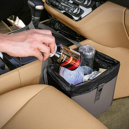 KMMOTORS Jopps Car Trash Can – Compact Foldable Bin with Strap, PU Leather & Oxford, Waterproof, Space-Saving, Simple Modern Design, Mounts on Headrest, Console, Gear Shift (Medium, Gray)
