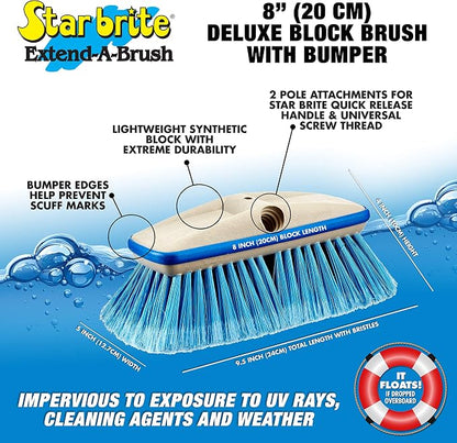 STAR BRITE Premium Medium Wash 8" Brush Head W/Bumper - Dual Connections Fit Either Standard 3/4" Threaded Poles or Extend-A-Brush Handles (Medium) (Blue) (040162)