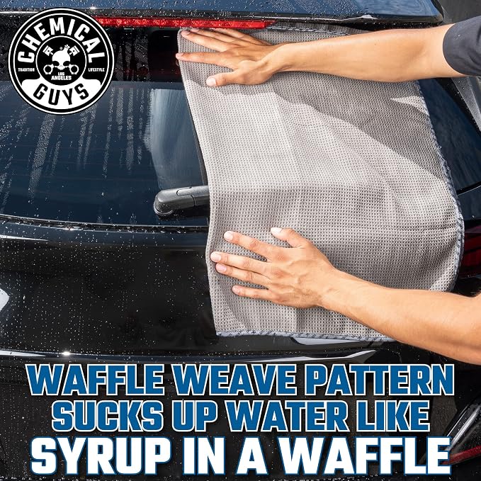 Chemical Guys Waffle Weave Gray Matter Microfiber Drying Towel - 25" x 36",Premium Blend Microfiber Towel with Soft-Banded Edging for Scratch-Free Car Drying,Ultra Absorbent,(Pack of 12)