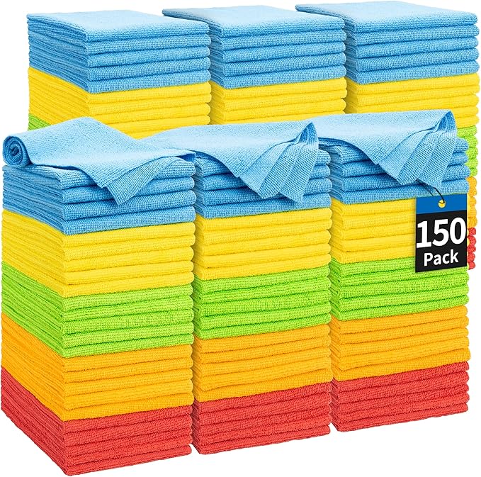 Microfiber Cleaning Cloth, 150 Pack Cleaning Rags Microfiber Towel Bulk Absorbent Lint-Free Wash Cloths, All-Purpose Towels for Cars, Shop, Automotive, Garage, Home and Kitchen 11.5"*11.5"