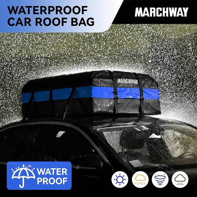 MARCHWAY Waterproof Car Roof Luggage Bag, Weatherproof Soft Shell Rooftop Cargo Carrier Bag for Vehicles with or Without Rack. 6 Door Hooks, Anti Slip Mat, Lock Included (21 Cubic Feet, Blue)