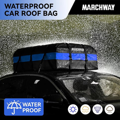 MARCHWAY Waterproof Car Roof Luggage Bag, Weatherproof Soft Shell Rooftop Cargo Carrier Bag for Vehicles with or Without Rack. 6 Door Hooks, Anti Slip Mat, Lock Included (21 Cubic Feet, Blue)