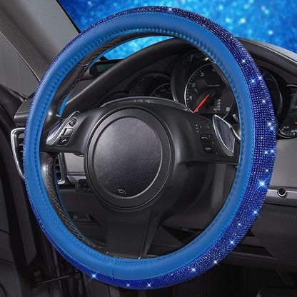 CAR PASS Bling Diamond Leather Steering Wheel Cover, with Bling Sparkly Crystal Glitter Rhinestones Universal Fit 14" 1/2-15" Car Wheel Protect for Women Girl Fit Suvs,Vans,Sedans,Cars,Trucks, Blue