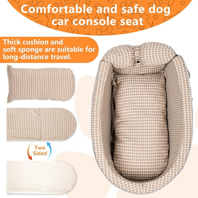 Center Console Dog Car Seat for Small Dogs, Removable Pet Seat with Cushion Board Safety Belt,Console Dog Car Seats for Small Puppy Up to 15 Lbs