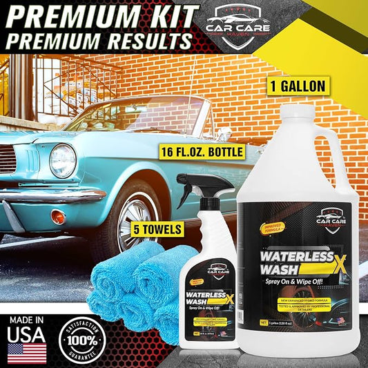 Waterless Wash X Car Detailing, Gallon + 16oz+ Towels | 5 Microfiber Towels, Quick Detailer for Any Vehicle, Wash in Garage, at Work, or Anywhere, Spray On & Wipe Off, Without Water