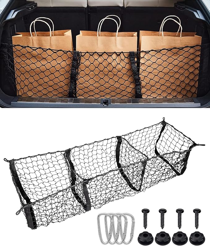 SCUARI Cargo Net,Truck Bed Organizer,Car Accessories Cargo Net for Pickup Truck Bed,3 Pocket Trucks Beds Cargo Nets,43.3" x 11.8" Elastic Cargo Nets,Suitable for Car SUV Van Trunk Pickup