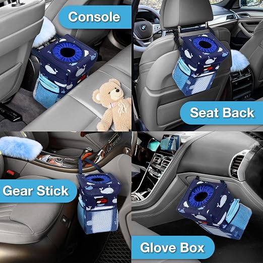 EPAuto Waterproof Car Trash Can with Lid and Storage Pockets, 1.8 Gallon, Blue